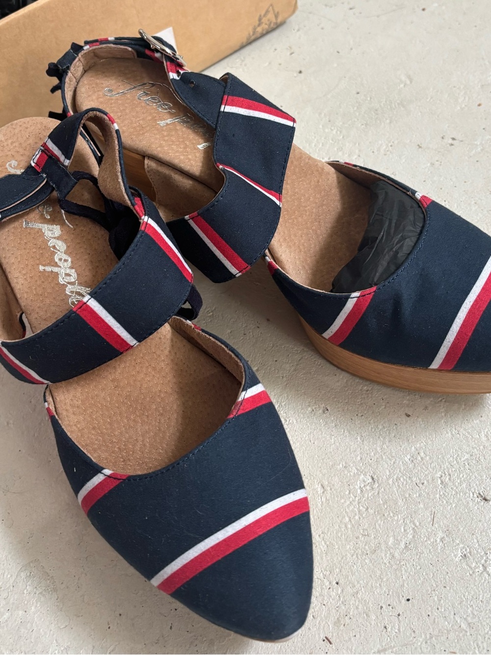 Free People Navy Striped Slingback Mules with Red & White stripes